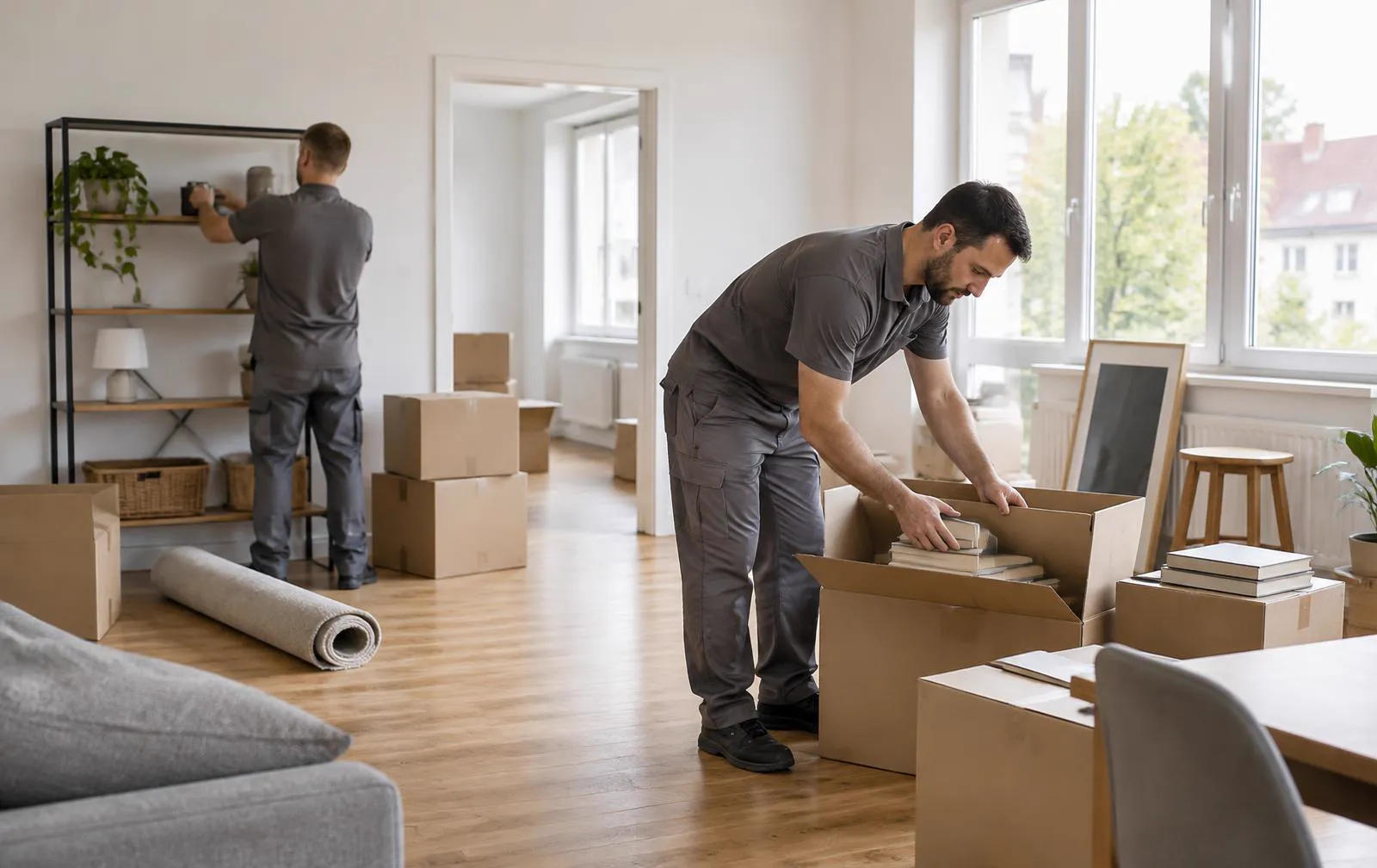 Zwei Mitarbeiter räumen eine helle Wohnung und sortieren Gegenstände in Kartons