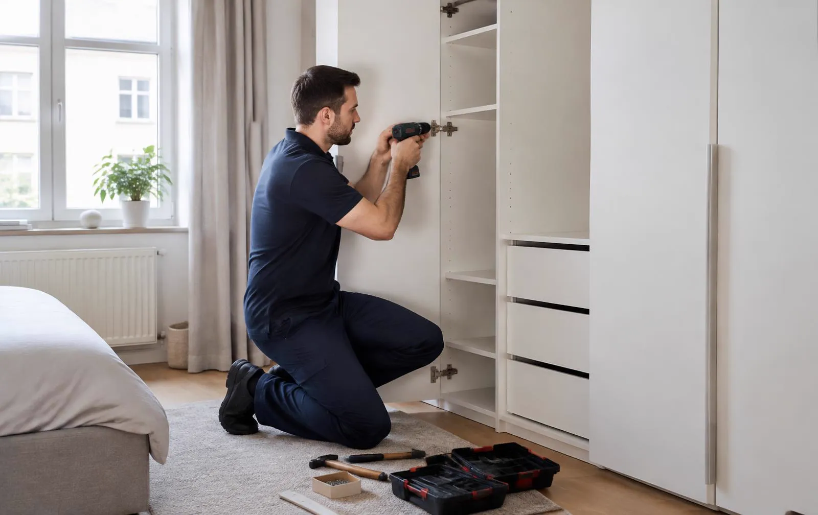 Monteur baut mit einem Akkuschrauber einen weißen Kleiderschrank in einem hellen Schlafzimmer auf