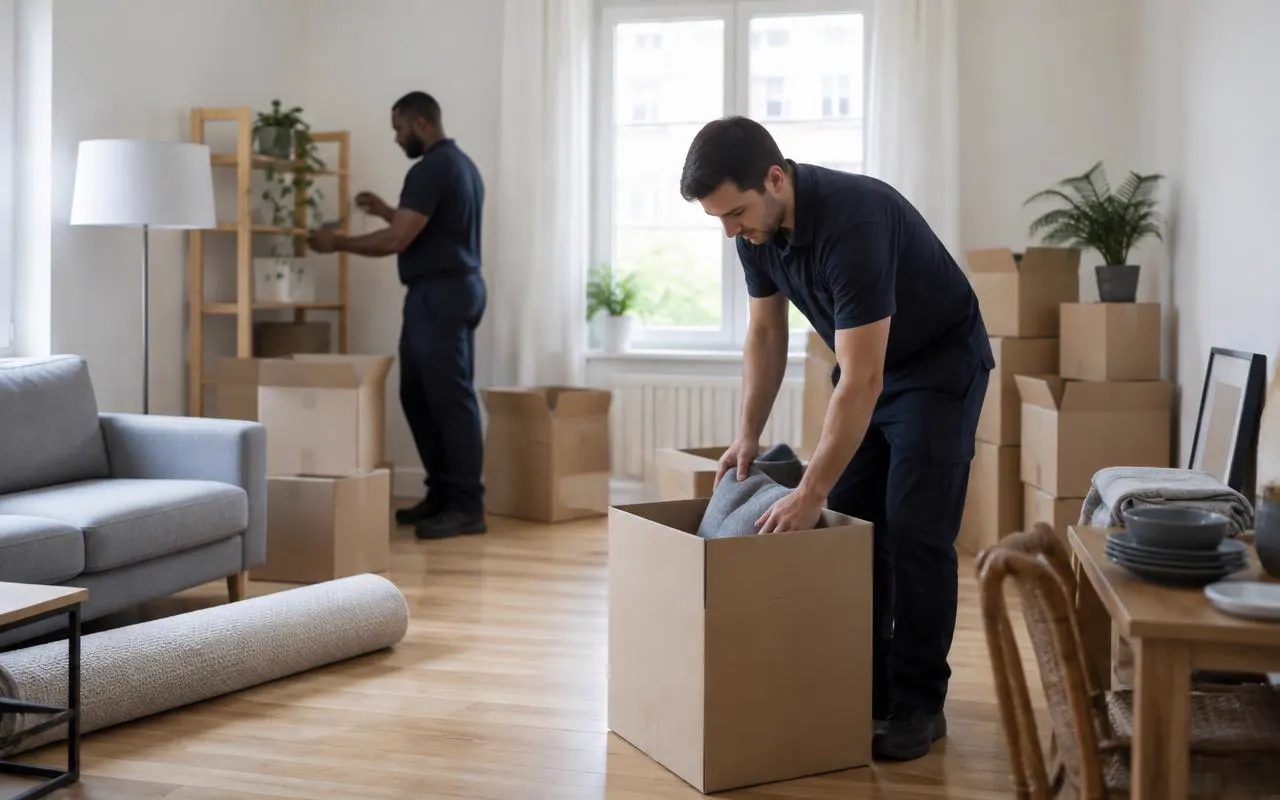 Zwei Helfer sortieren und verpacken Gegenstände in einer aufgeräumten Wohnung