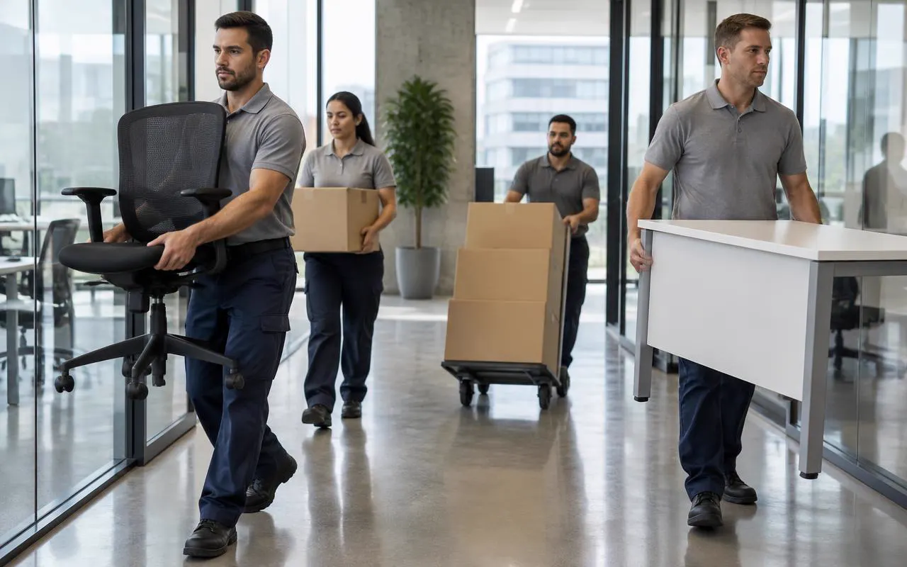 Umzugsteam transportiert Bürostuhl, Schreibtisch und Kartons durch ein modernes Bürogebäude