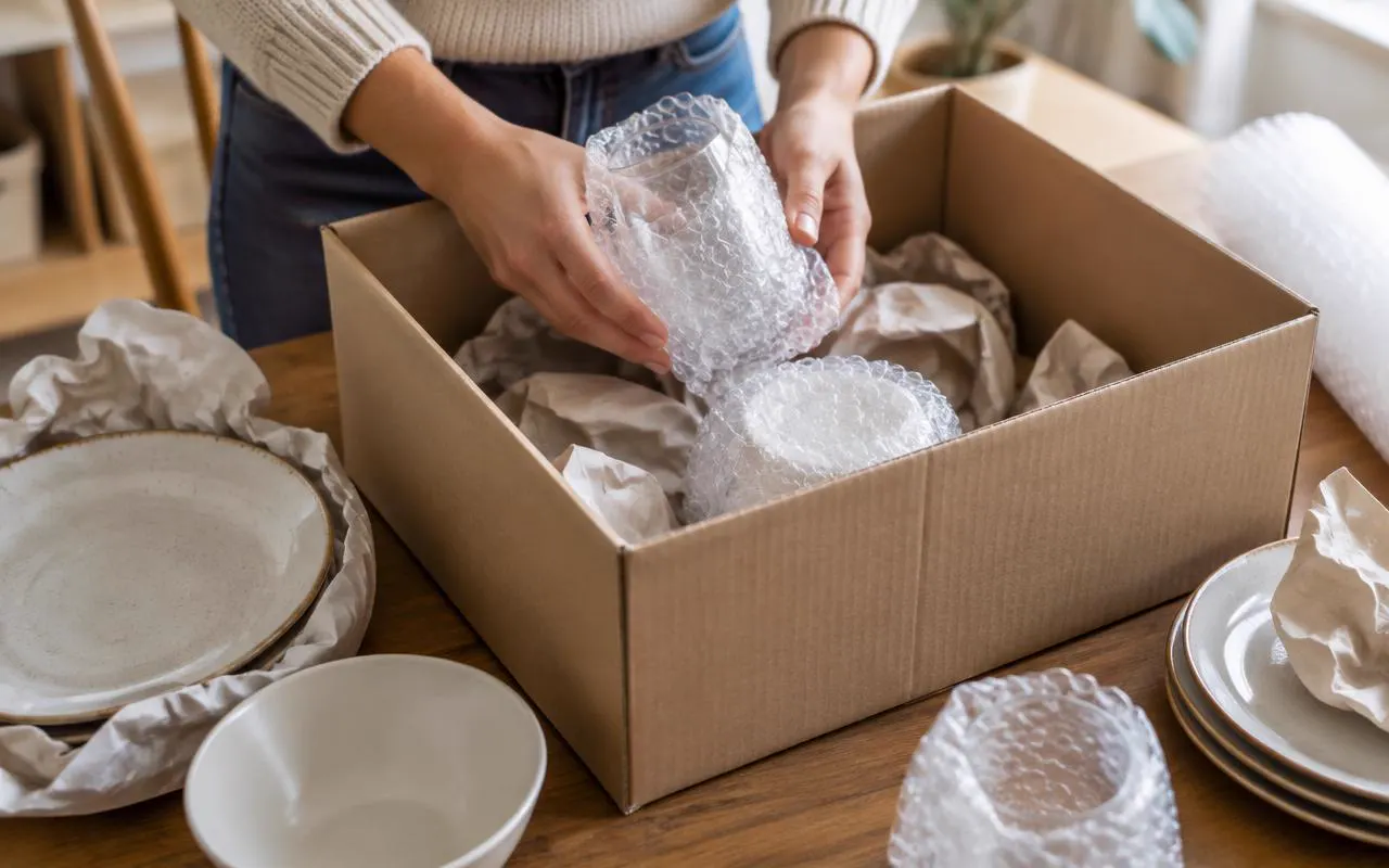 Hände verpacken Gläser in Luftpolsterfolie in einem Umzugskarton